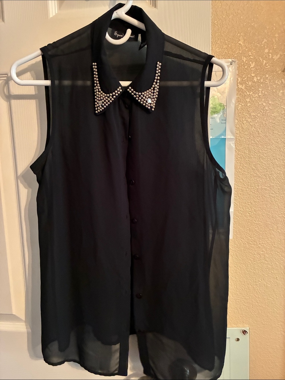 Silver tone pearl Trim Sleeveless Black Sheer Blouse